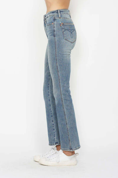 Blue Full Size Tummy Control Back Embroidered Pocketed Bootcut Jeans - Multiple Lengths