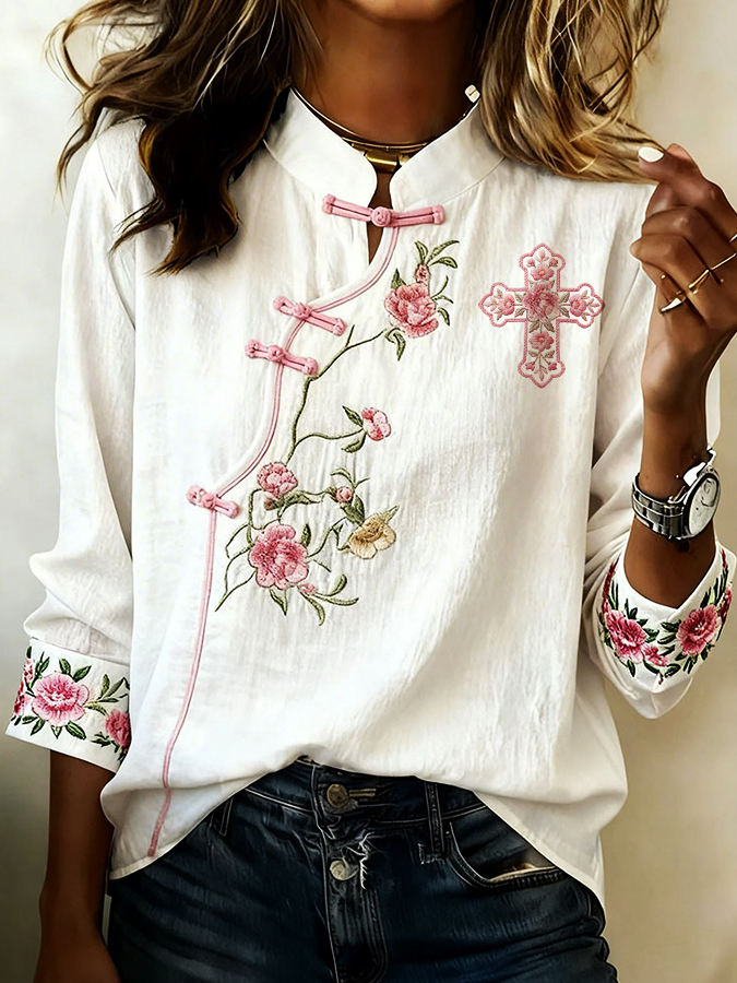 Women'S Faith Flower Art Stand Collar Buckle Elegant Casual Long Sleeved Shirt
