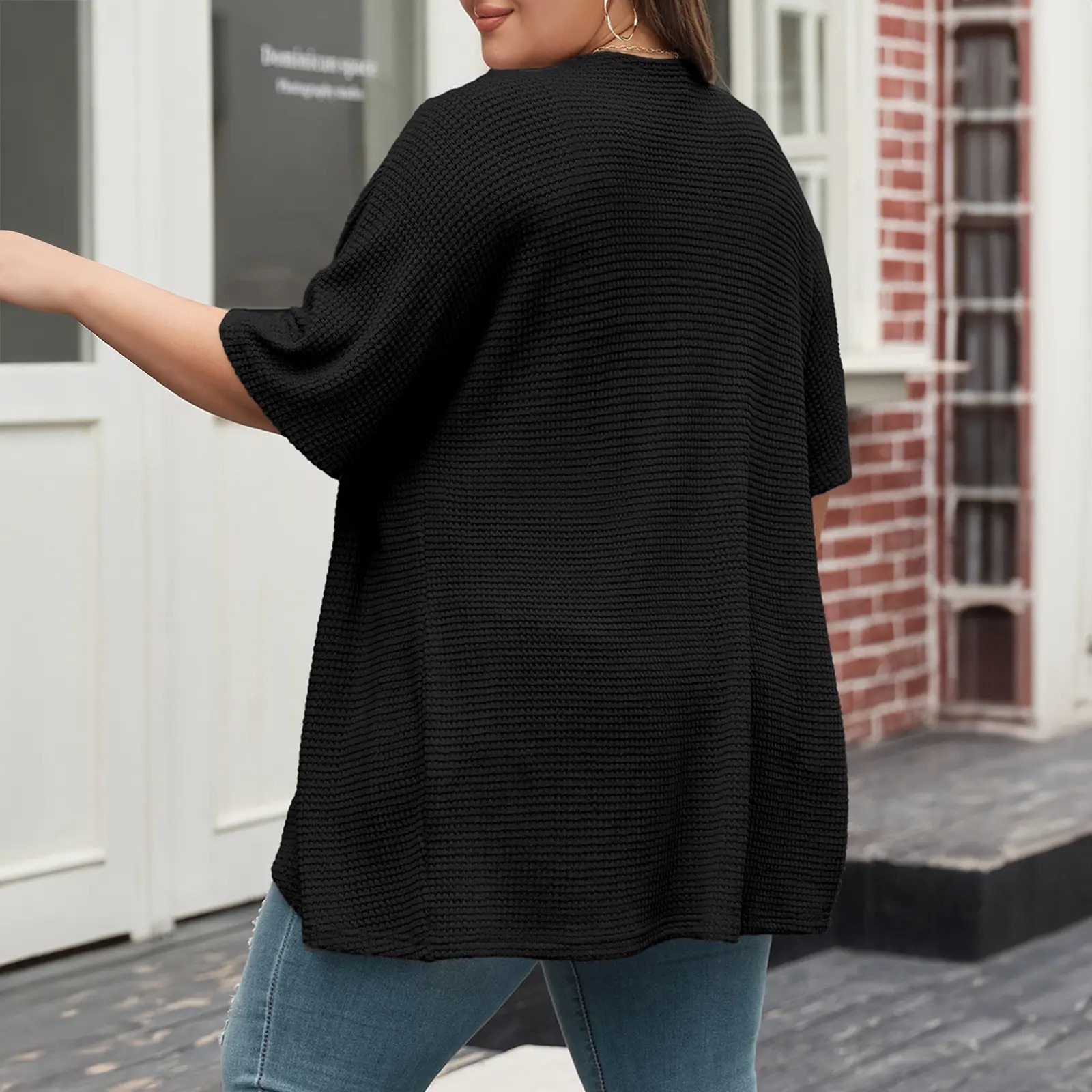 Women's Plus Size Cardigan Casual Short Sleeve Waffle Knit Kimono Open Front Tops(1X-5X)