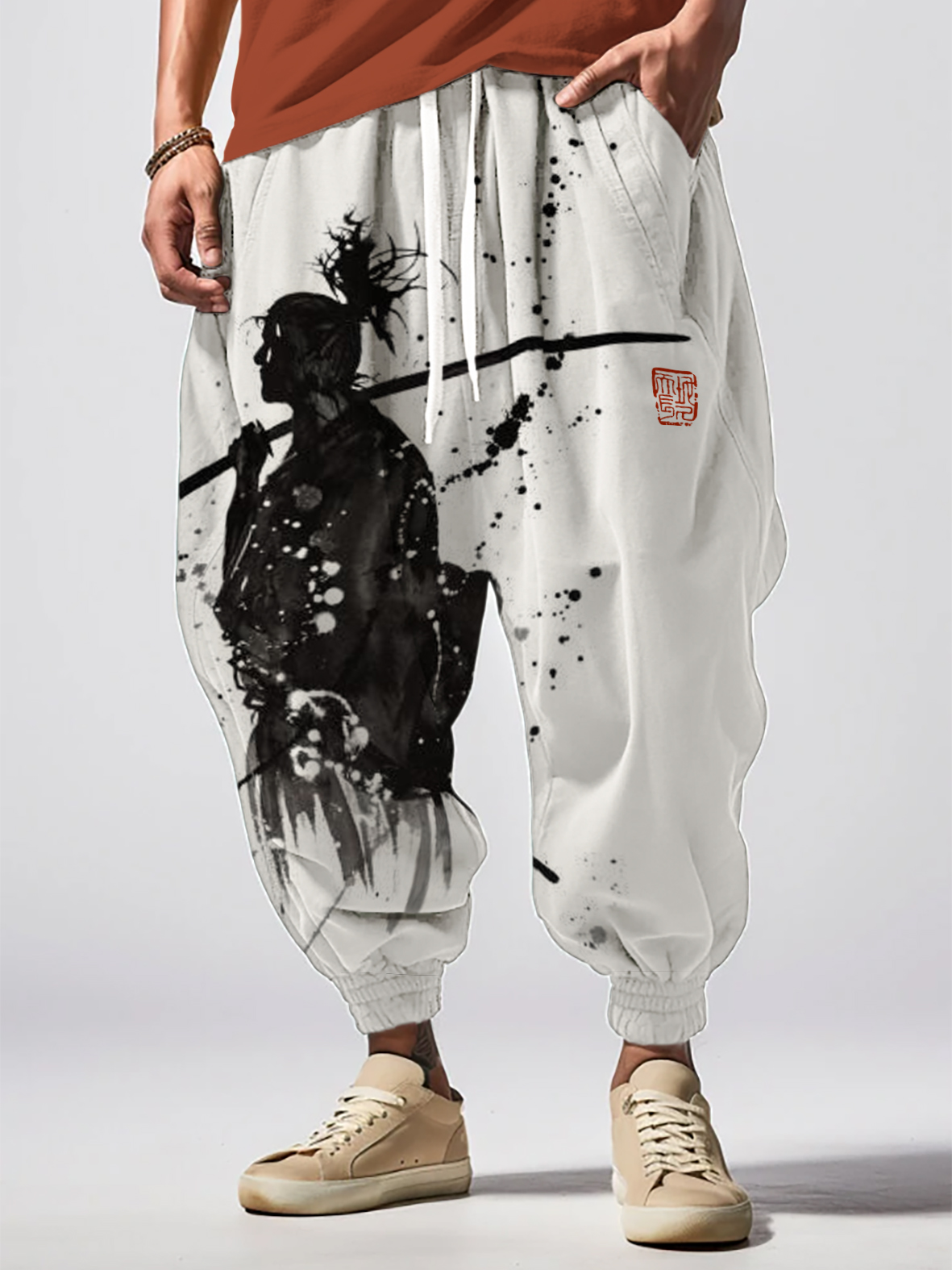Men's Japanese Samurai Ink Painting Art Loose Drawstring Waist Sweatpants