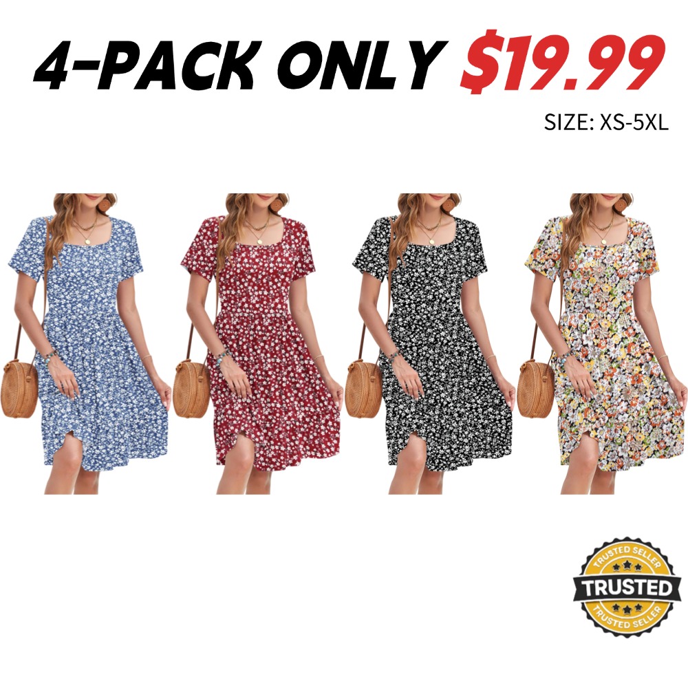 Women's Square-Neck Floral Short-Sleeve Dress (with Pockets)