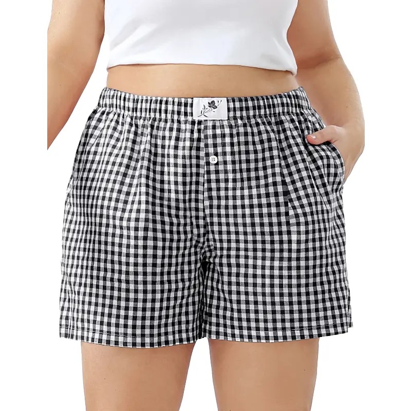 【Plus Size】Women's Plaid Print Patched Elastic Waist Shorts