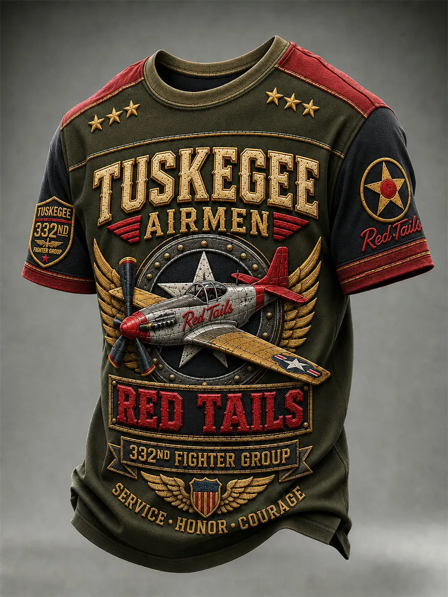 Tuskegee Airmen Red Tails Men’s Vintage Military Graphic T-Shirt