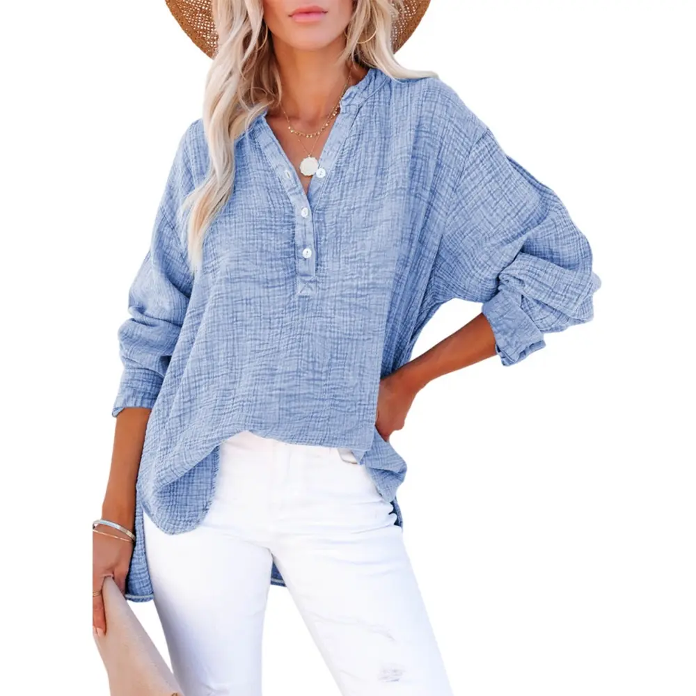 Dokotoo Women's Casual Button V Neck Long Sleeve Shirts Oversized Solid Blouses Tops 100% Cotton Boyfriend Style Loose Fit