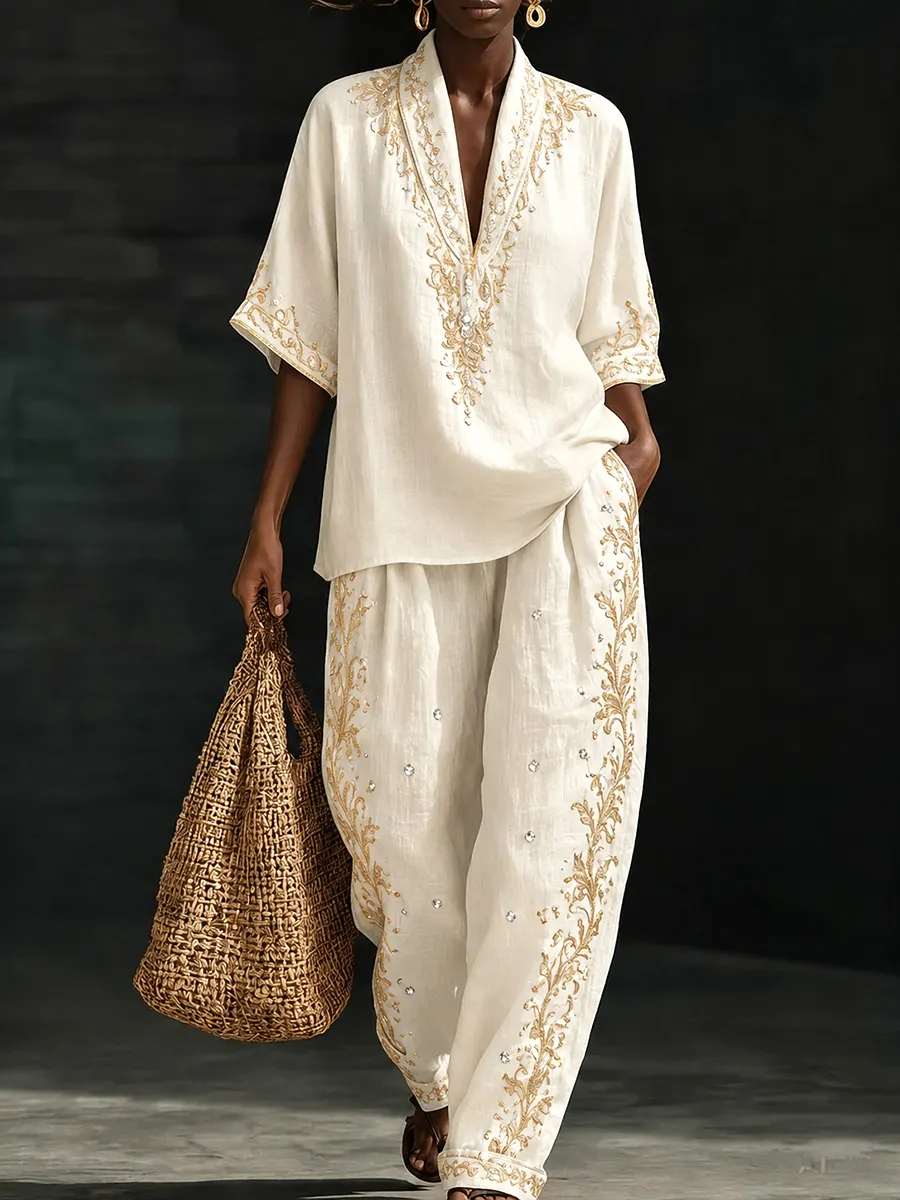 Women's Ivory Linen Blend 2-Piece Outfit – Elegant Gold  Tunic Top & Loose Fit Pants