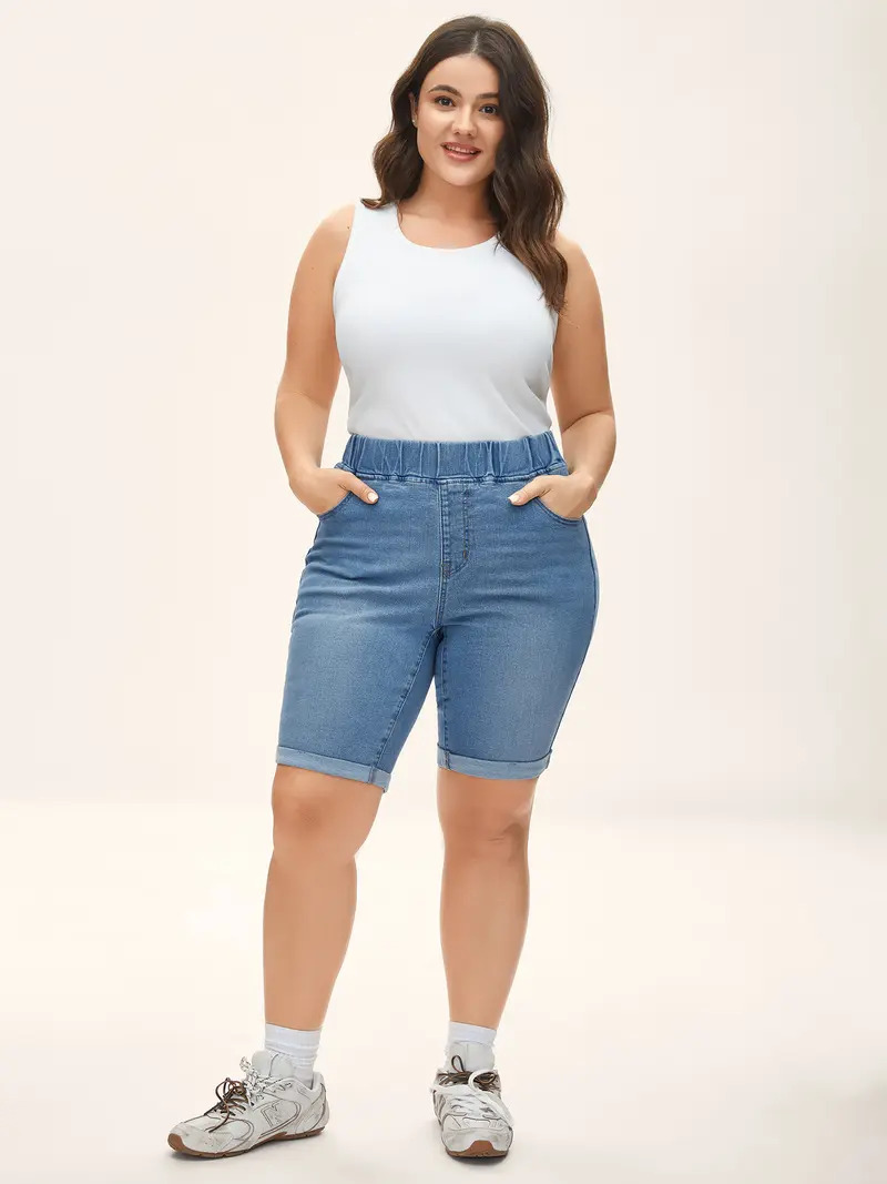 Plus-size high-waisted stretch denim shorts