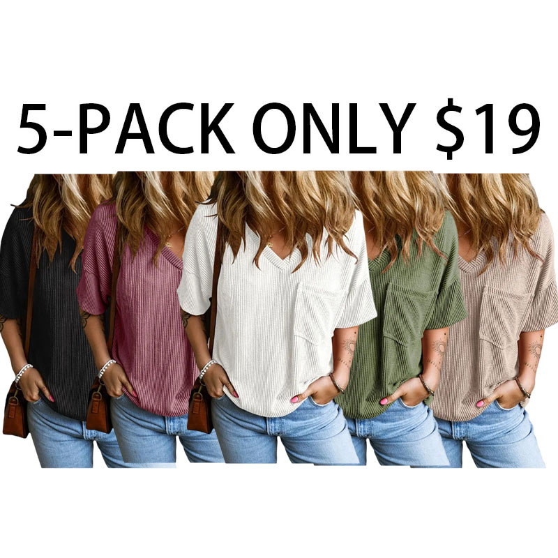Women's Oversized Summer T Shirts Tops V Neck Short Sleeve Ribbed Knitted Casual Loose Fit Blouses