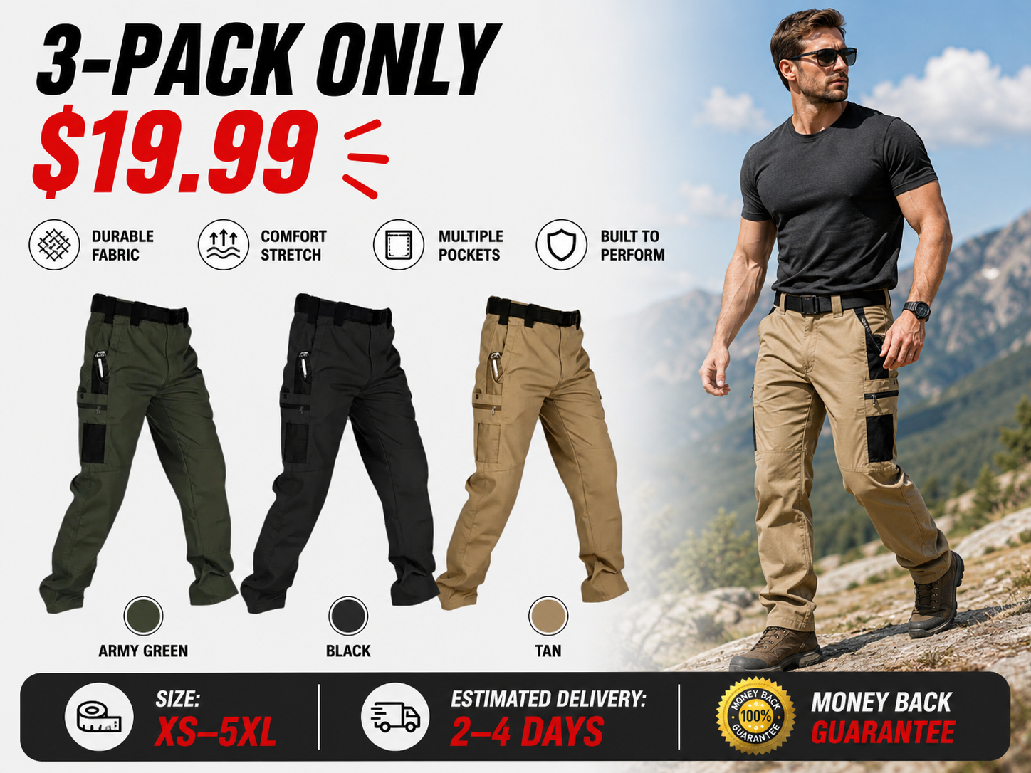 Men's solid color tactical work pants, multiple pockets - 6-pack