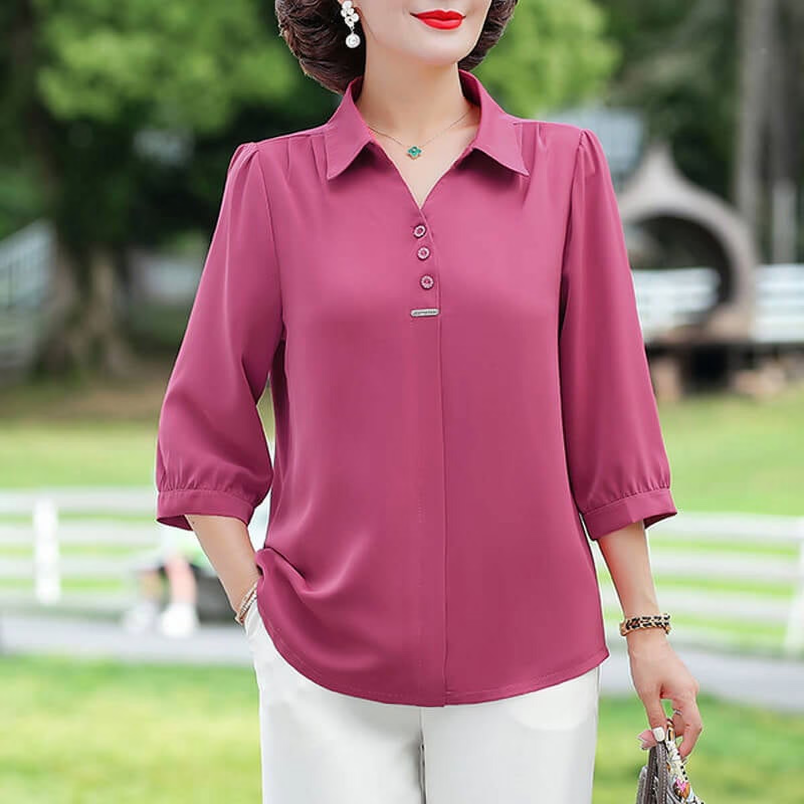 Women's 3/4 Sleeve Shirt Elegant Polo Collar Solid Color Blouse