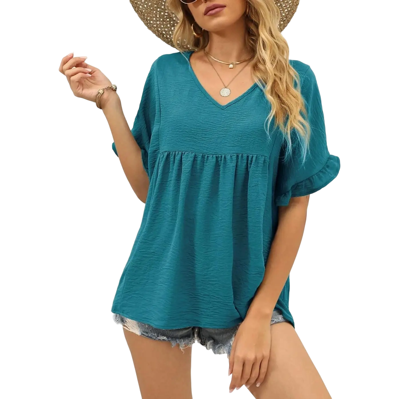 Womens Tops Casual V Neck Ruffle Sleeve T Shirts Babydoll Loose Fit Peplum Tops
