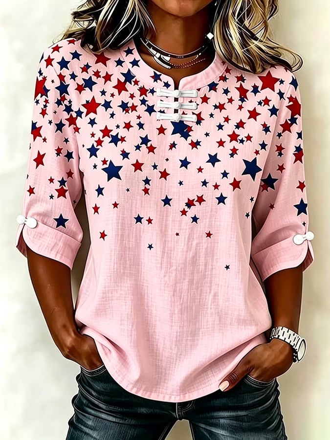 Women's Retro America's 250th Anniversary American Flag Print Button-Up Top