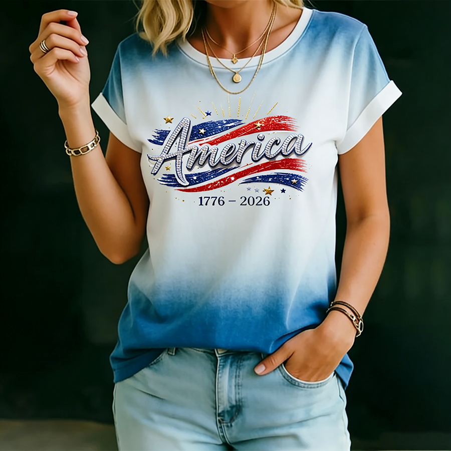 Ladies' Casual US National Day Flag Gradient Print Short Sleeved Round Neck T-Shirt