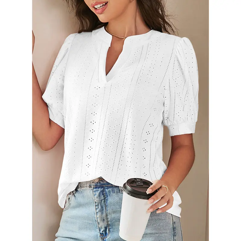 Women's Summer Business Casual Blouses V Neck Short Sleeve Shirts Hollow Out Cute Lace Tops Loose Fit Breathable Fabric