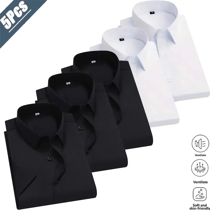 Men's Solid-Color Dress Shirts (5-Pack) — Crafted from skin-friendly, breathable, and wrinkle-resistant, non-iron fabric