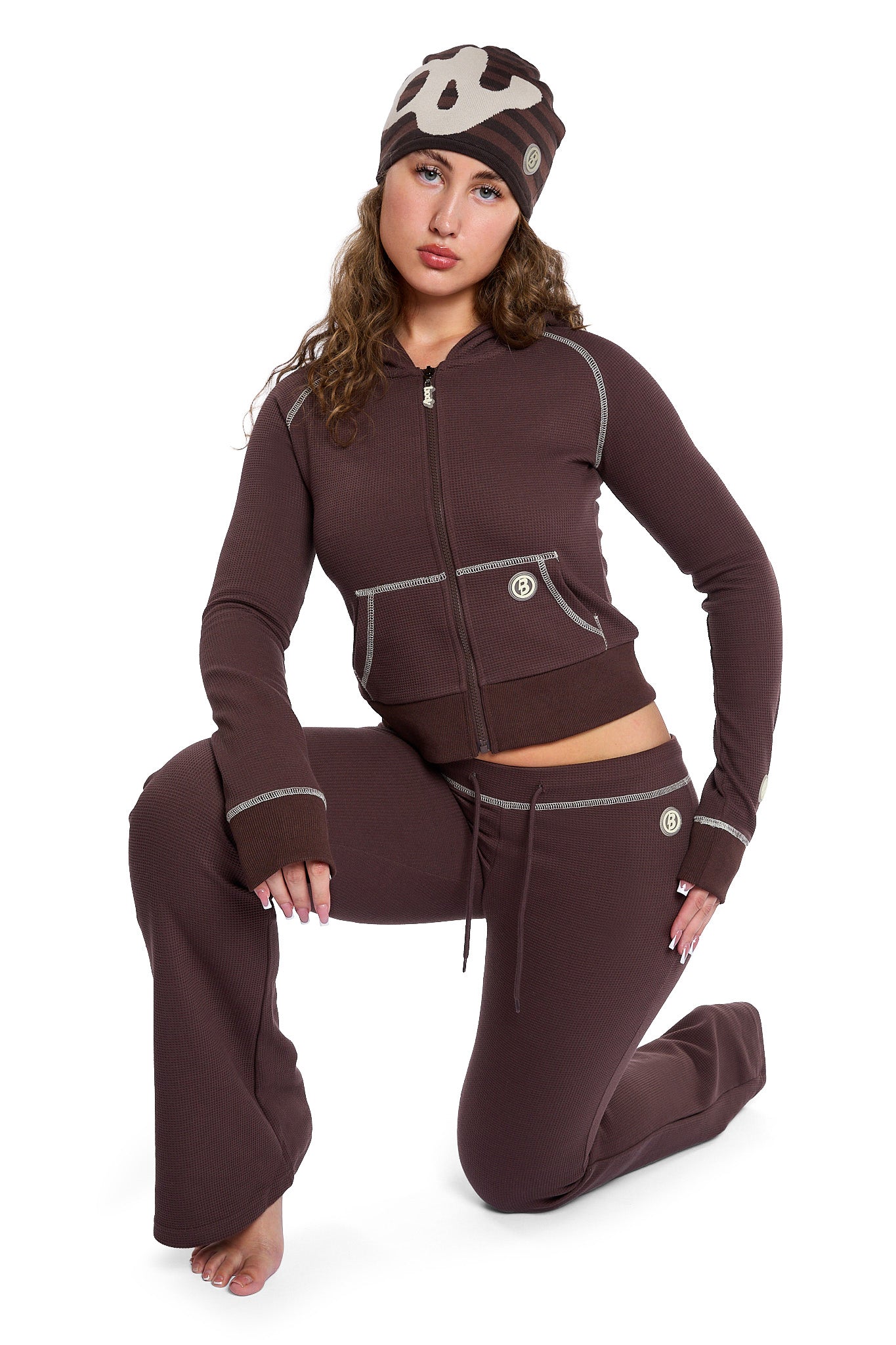 WAFFLE KNIT BOOT CUT PANTS (ESPRESSO BROWN/CREAM)