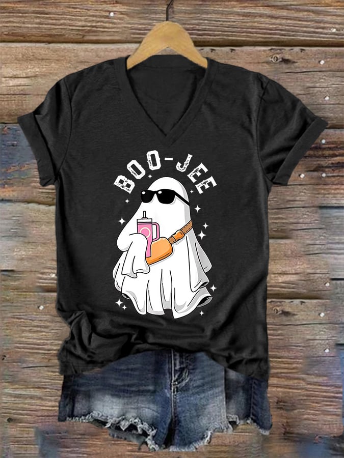 Women's Halloween Boo Jee Cute Ghost Print Casual V-Neck Tee