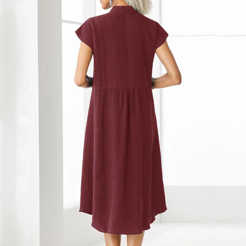 Stand Up Collar Button Down Cotton And Linen Dress With A Pocket