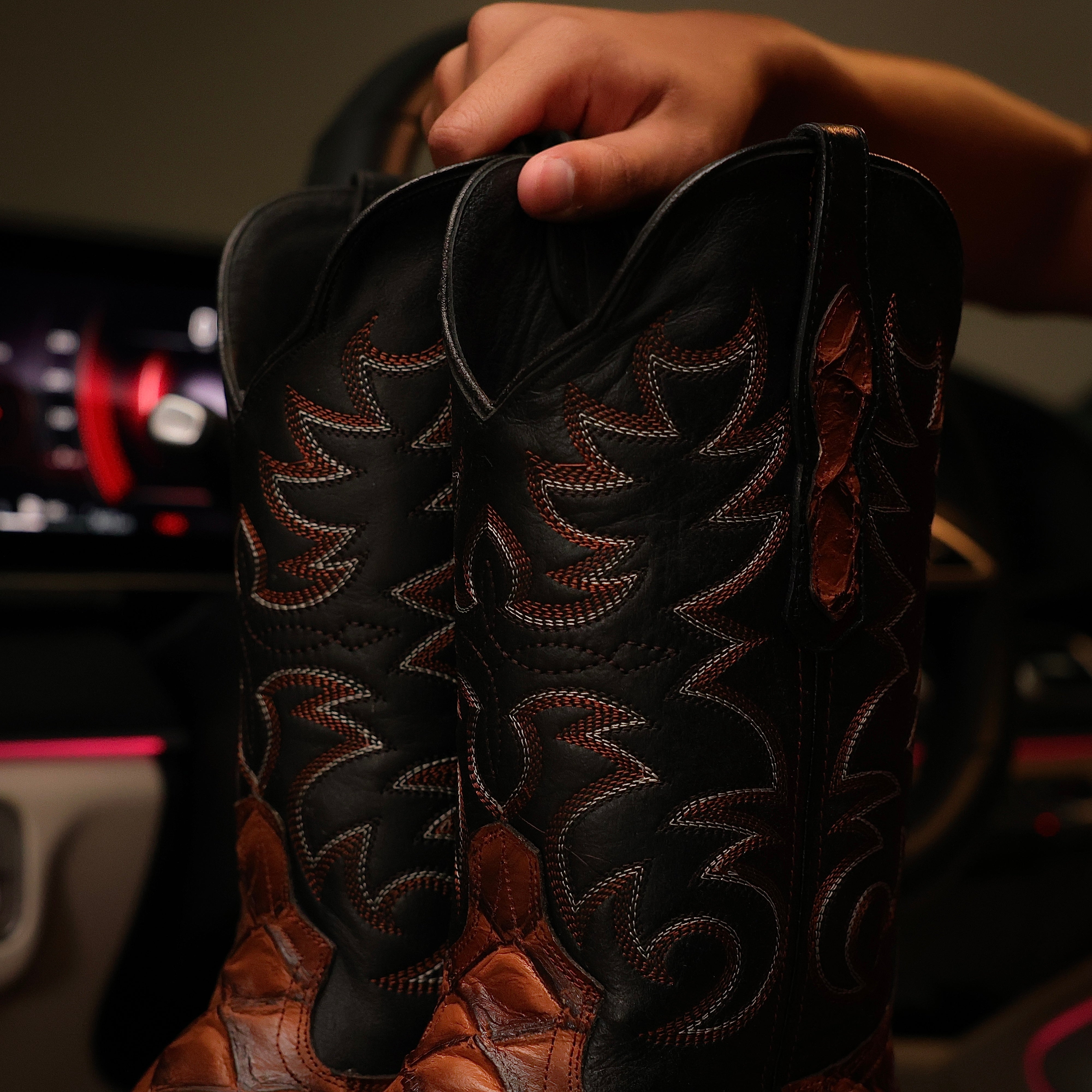 Cognac Pirarucu Leather Boots - Square Toe