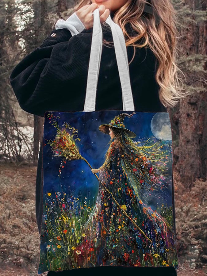 Witch And Flowers Under The Full Moon Art Print Canvas Bag