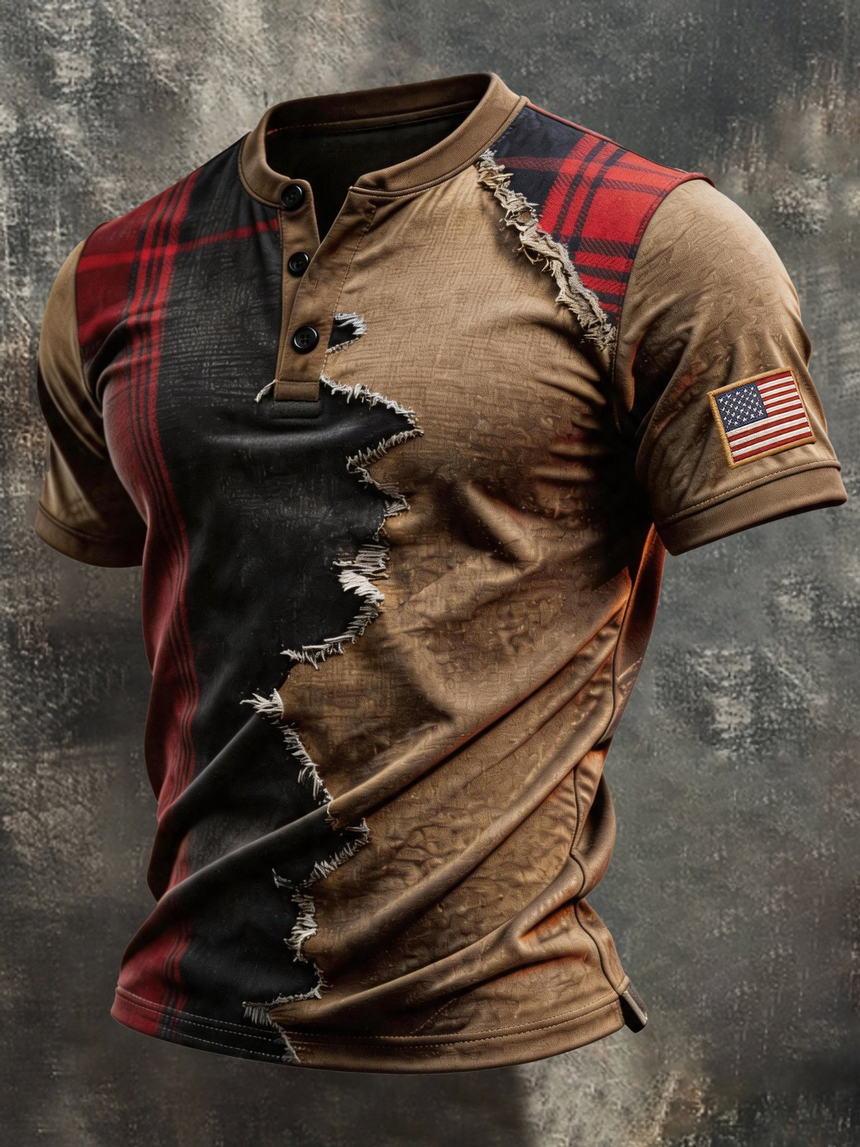 Men's Retro Patriotic Color-Block Short-Sleeve Henley T-Shirt