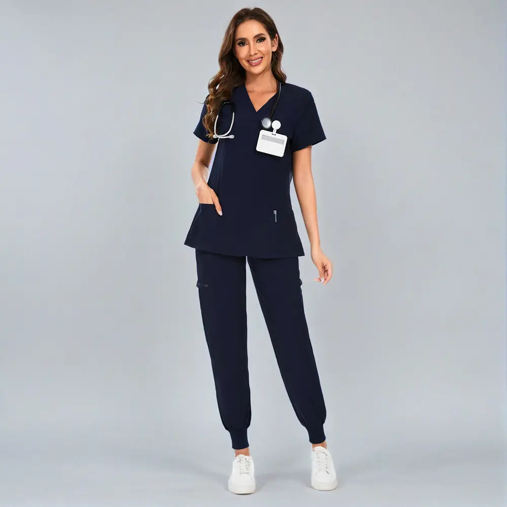 Women's Set — Stretch V-Neck Scrub Top and Jogger-Style Scrub Pants (8 Pockets)