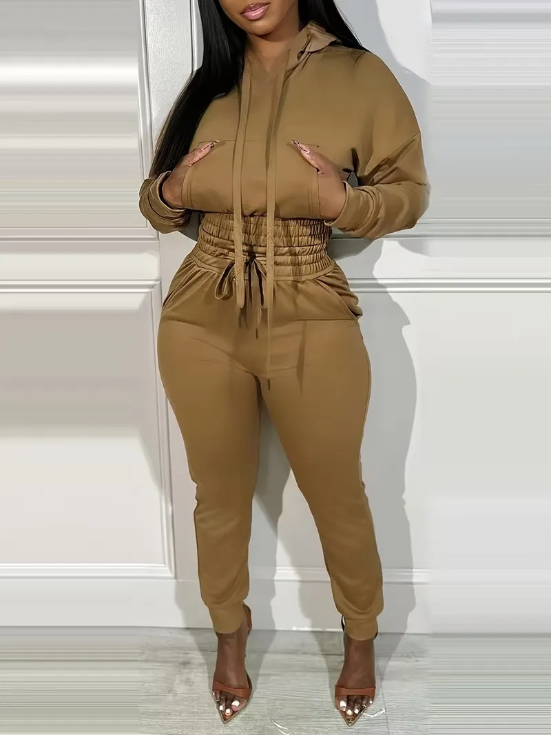 Womens 2 Piece Outfits Lounge Hoodie Shirred Waist Pocket Design Sweatshirt