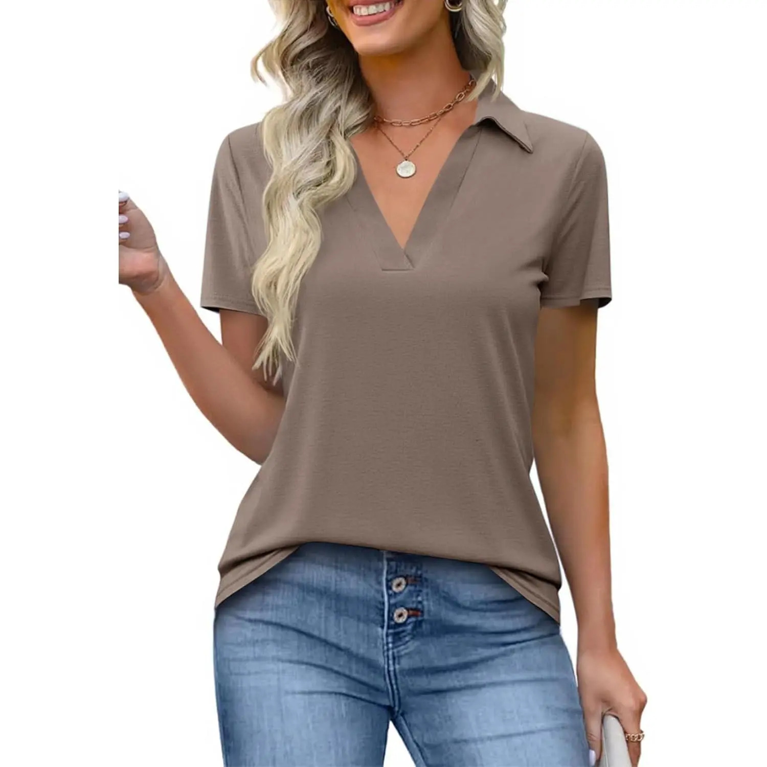 Women's Short-Sleeve Fitted Minimalist Lightweight Polyester V-Neck Collared Polo Shirts - Business