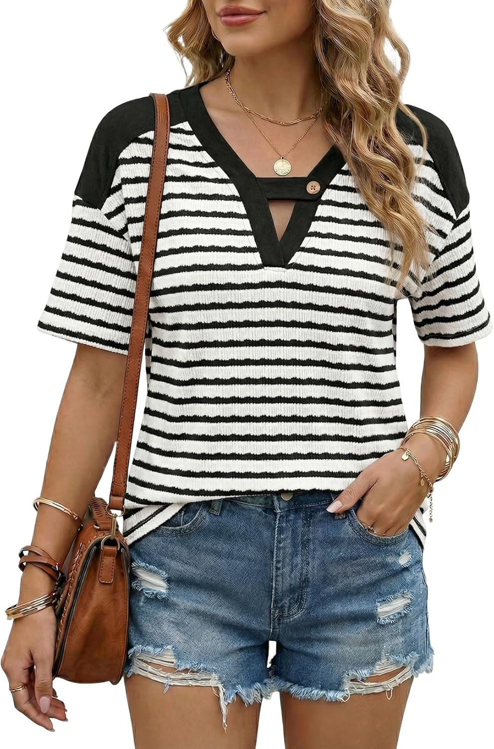 Women's Tops Summer Casual Short Sleeve Shirts V Neck Striped Color Block T-Shirts Blouses