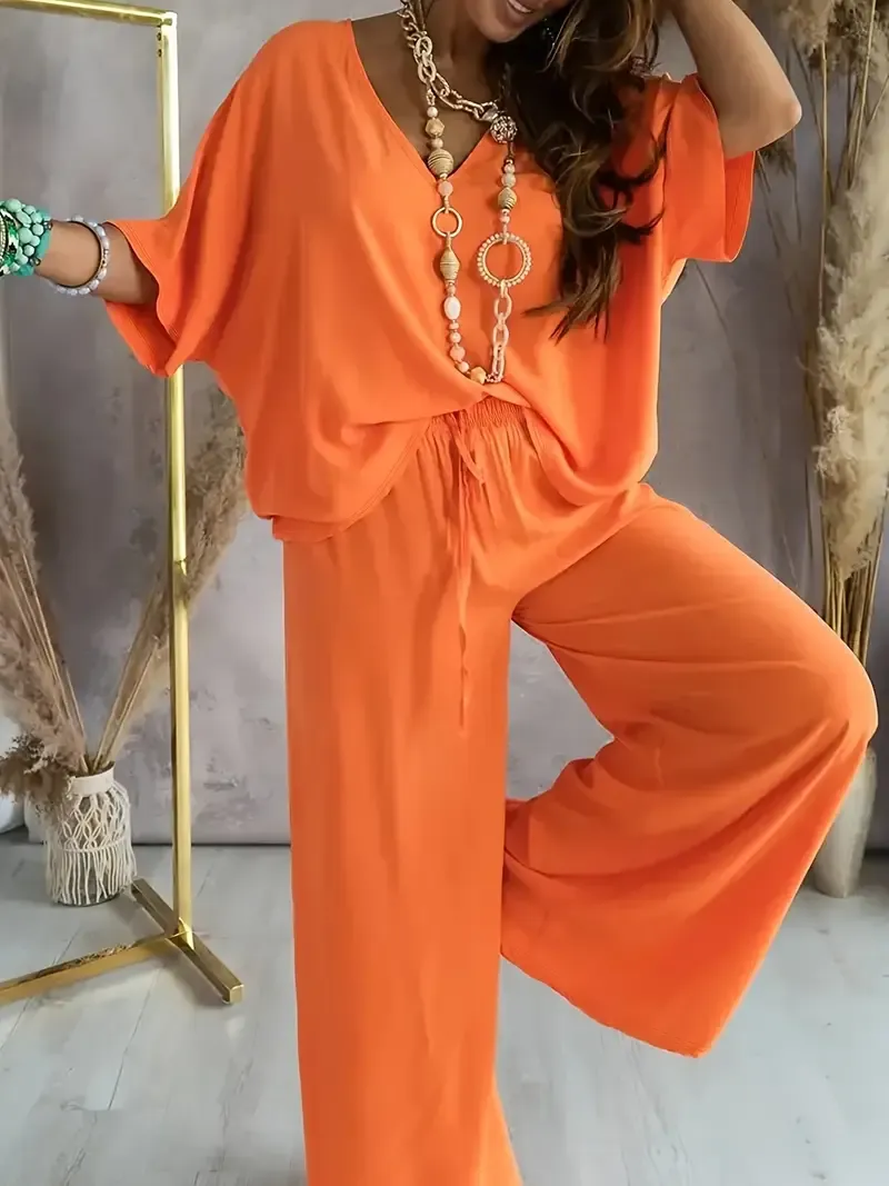 Women's Casual Solid Color Pants Set with V-Neck Top and Wide Leg Pants