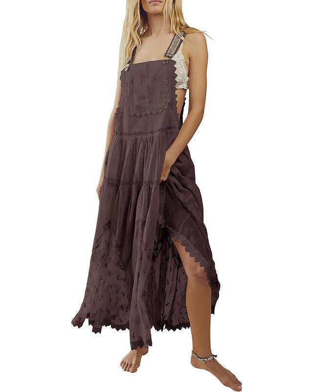 Ebossy Women's Basic Minimalist Sleeveless Laced Embroidered Tulle Bib Dress Casual Loose Adjustable Straps Maxi Dress Womenswear Boho Style