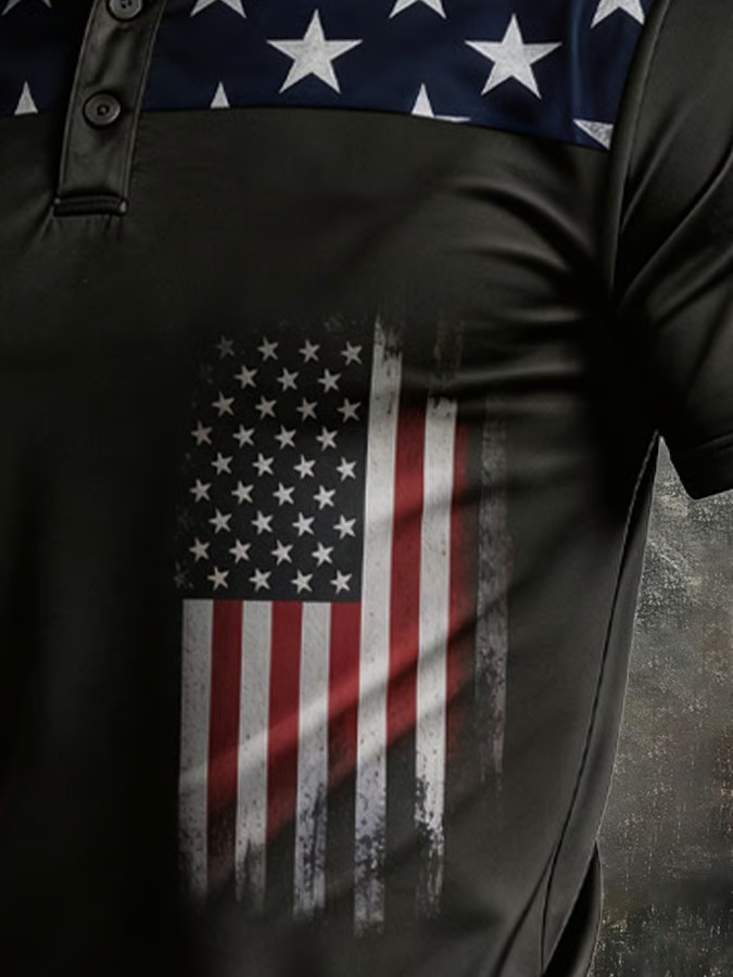 Men's Retro Patriotic Color Block Short Sleeved Lapel Shirt