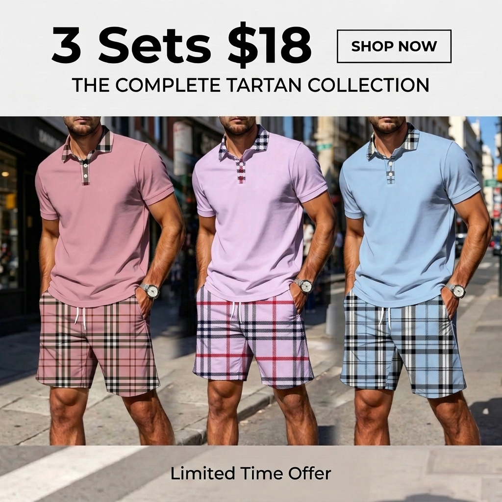 Men's Plaid Polo Shirt & Shorts Set – Casual Summer 2-Piece Outfit with Pockets