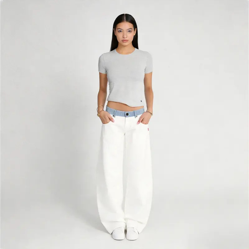 Adjustable low-rise loose straight-leg jeans