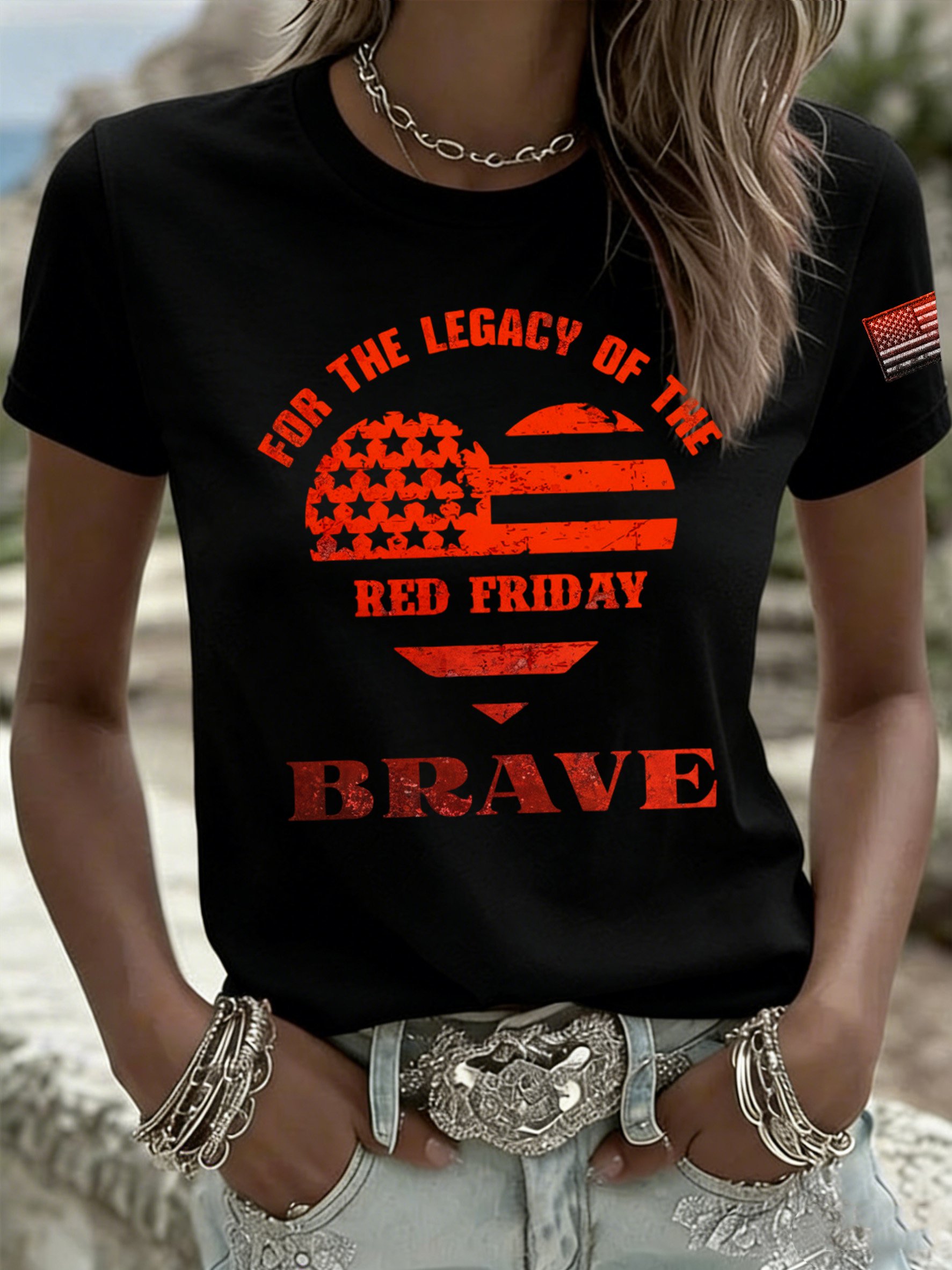 Women's Red Friday Print Casual Crew Neck Top