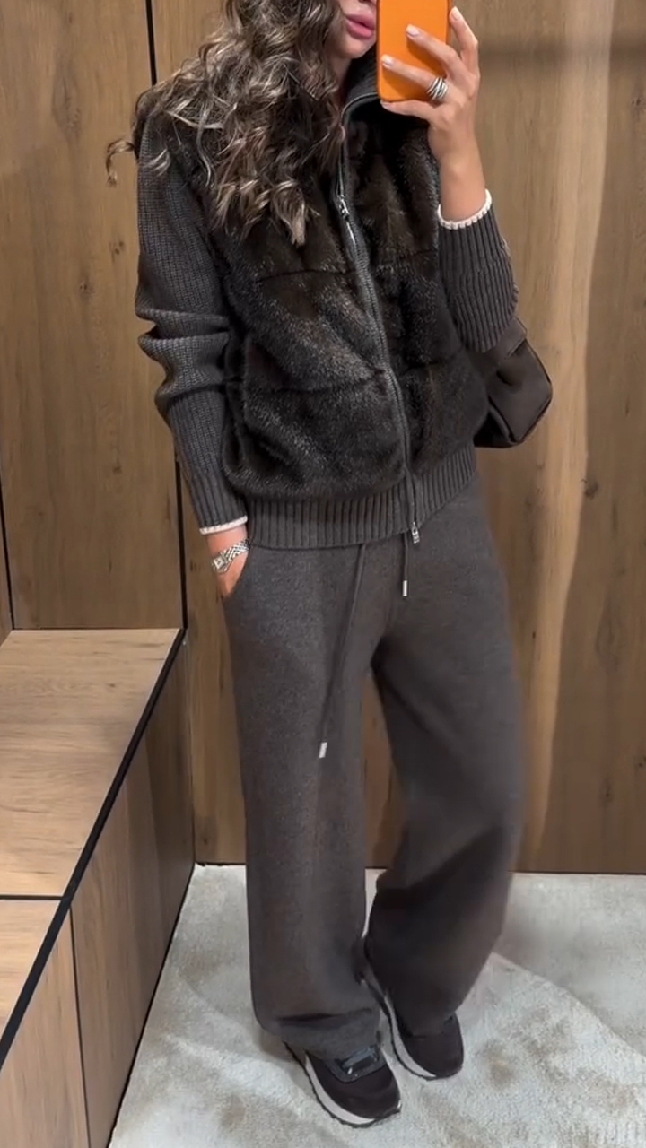 Women Collar Plush Patchwork Jacket+ Pants Casual Set