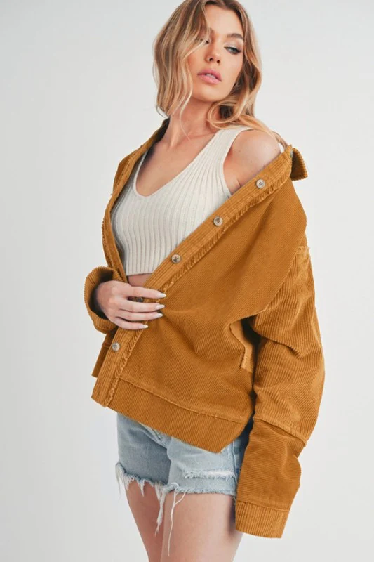 Side Slit Exposed Seam Button Up Corduroy Jacket