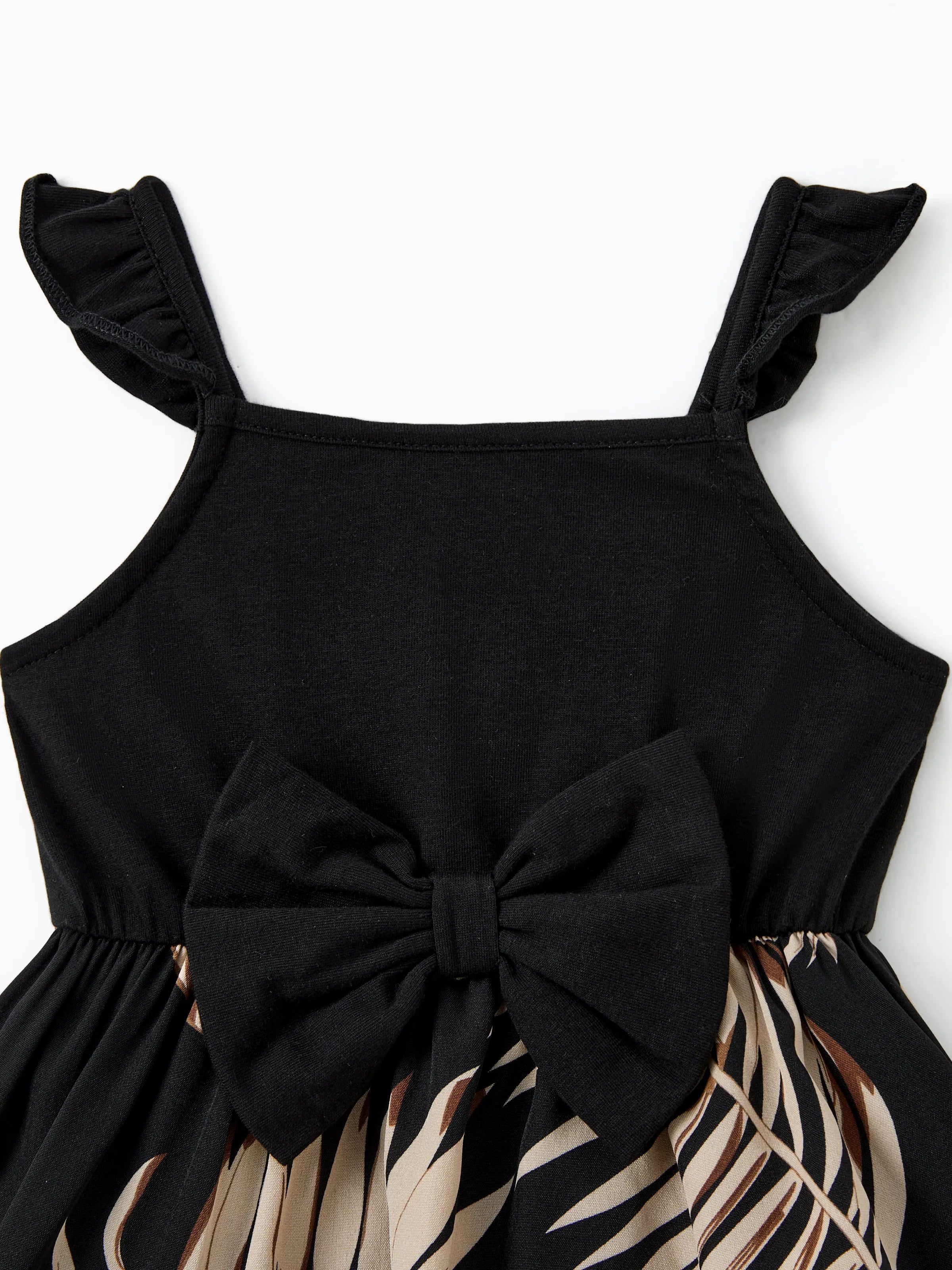 Mommy and Me Family Matching Floral Print Belted Cami Dresses And Solid Short Sleeve Tops Sets Black