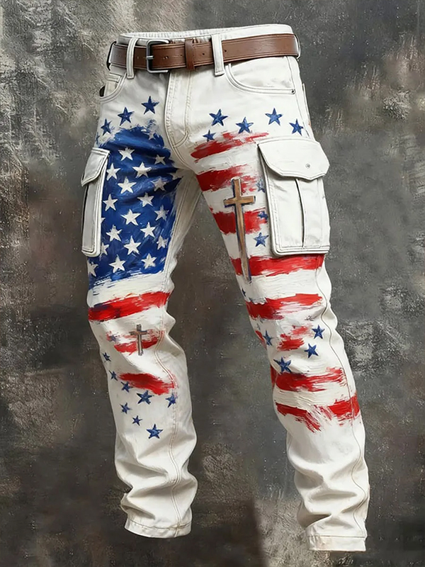 Men's American Flag And Cross Faith Print Casual Pants