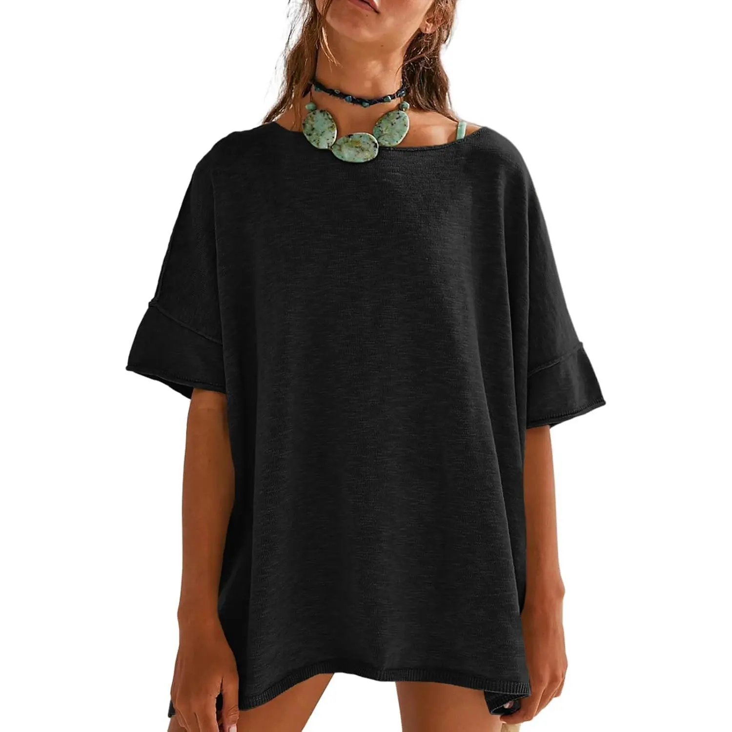 Women's Loose-Fit T-Shirt – Casual Summer Crew Neck Drop-Shoulder Short-Sleeve Top with Side-Slit Hem