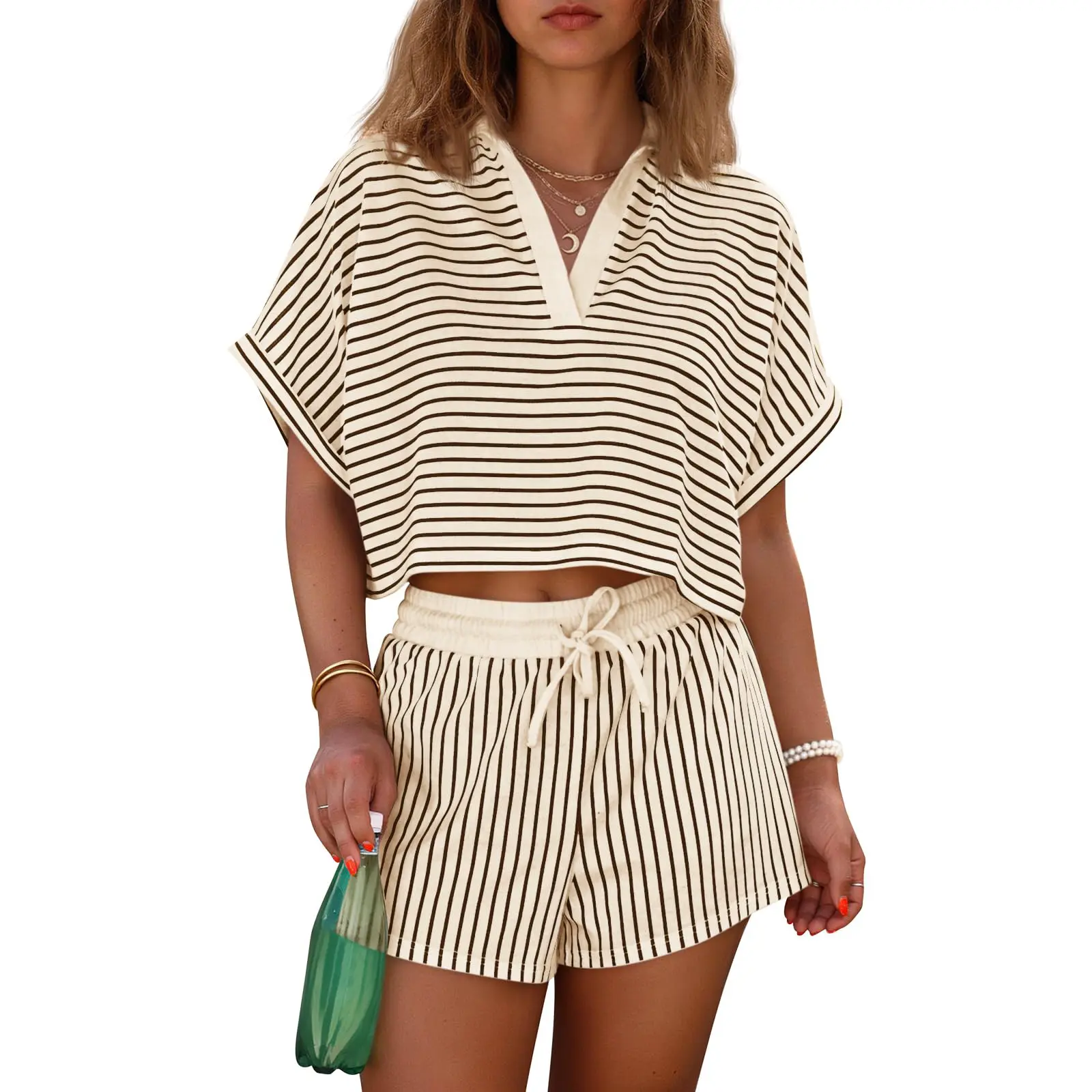 Womens Striped 2 Piece Short Sets