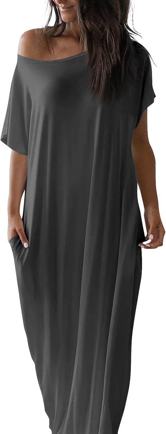 Womens Off the Shoulder Dress Batwing Short Sleeve Long Tshirt Dress with Pockets Casual Summer Loose Lounge Dresses