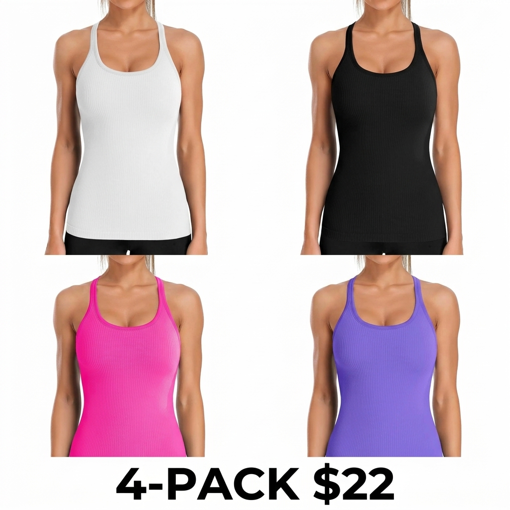 Women's Ribbed Workout Tank Top – Built-in Bra, Racerback, Scoop Neck