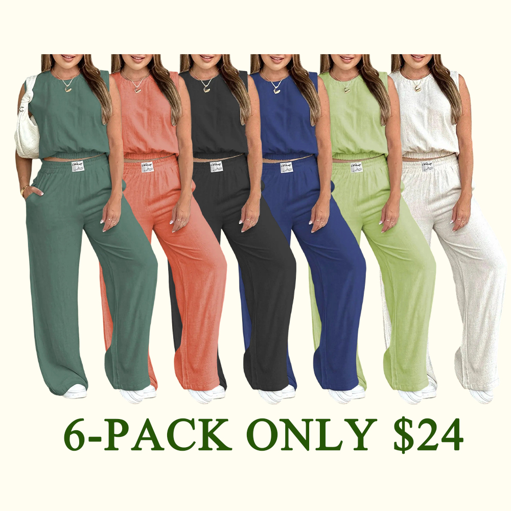Women's Summer 2-Piece Outfit - Solid Color Tank Top & Wide Leg Elastic Waist Pants Set