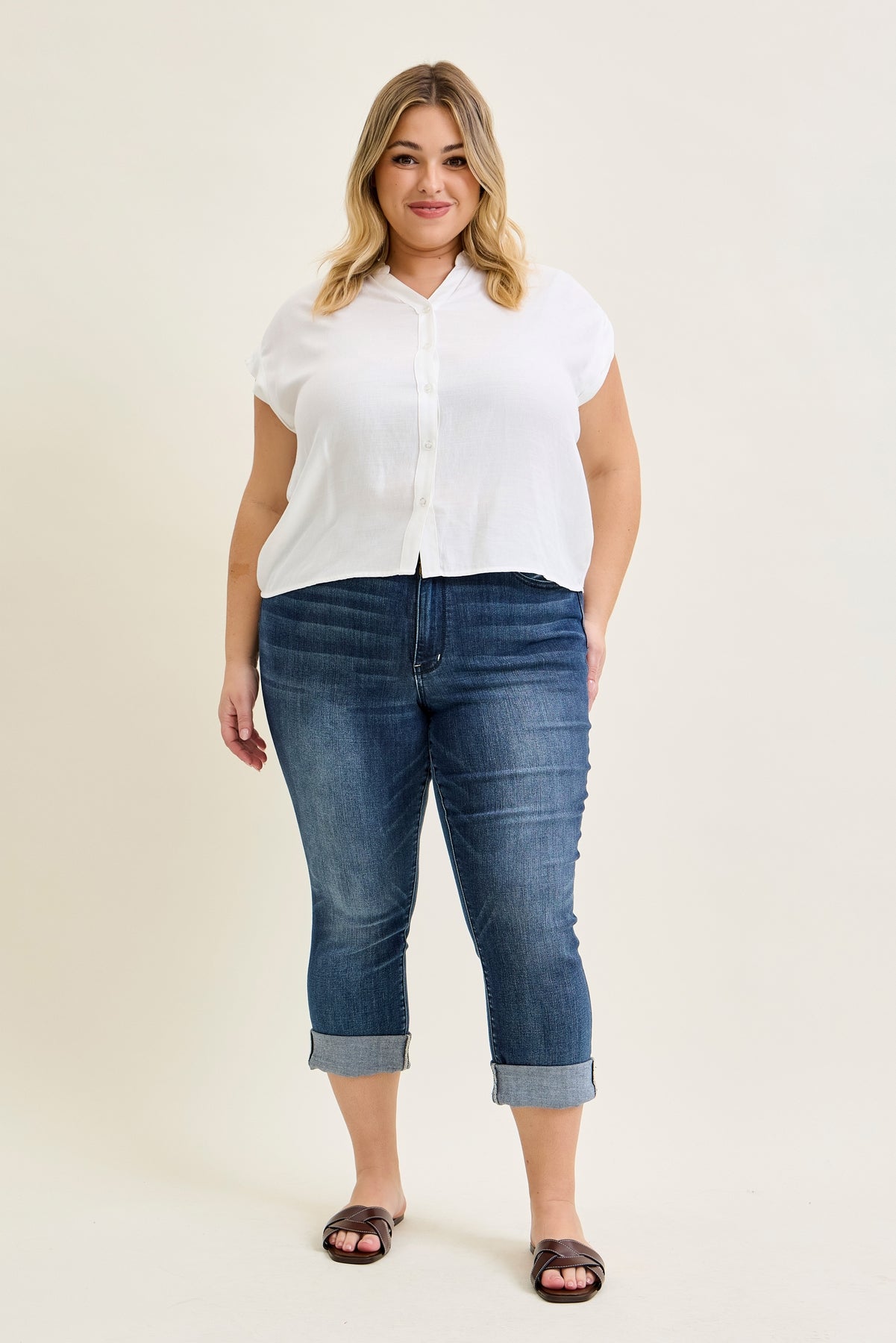Maddy Mid Rise Dark Wash Cuffed Capri Jeans - PLUS
