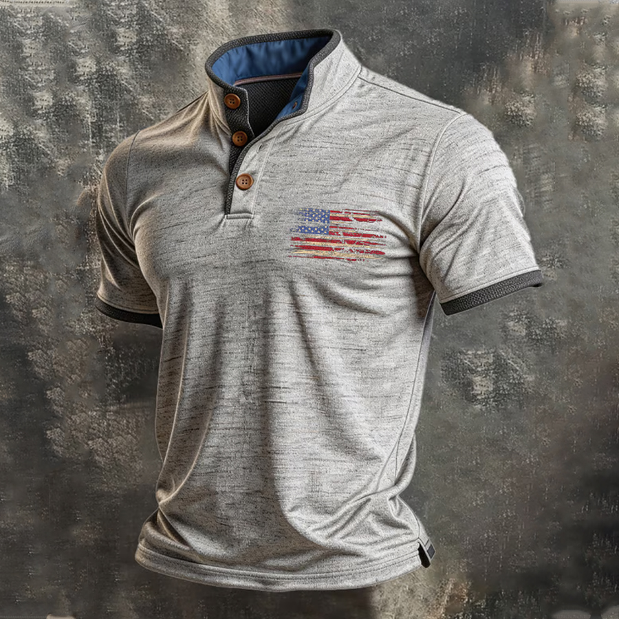Men'S Retro Cotton Splicing Ribbon Stand Up Collar Design T-Shirt