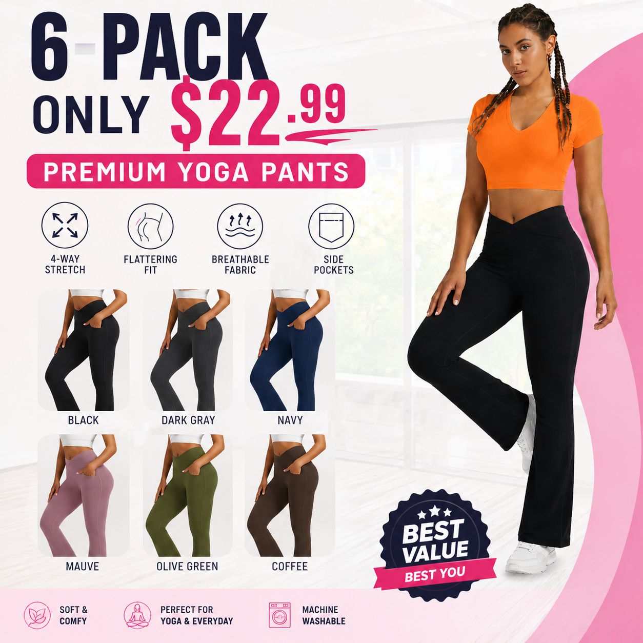 Women's Solid-Color Wide-Leg Yoga Pants — Tummy Control & Butt-Lifting