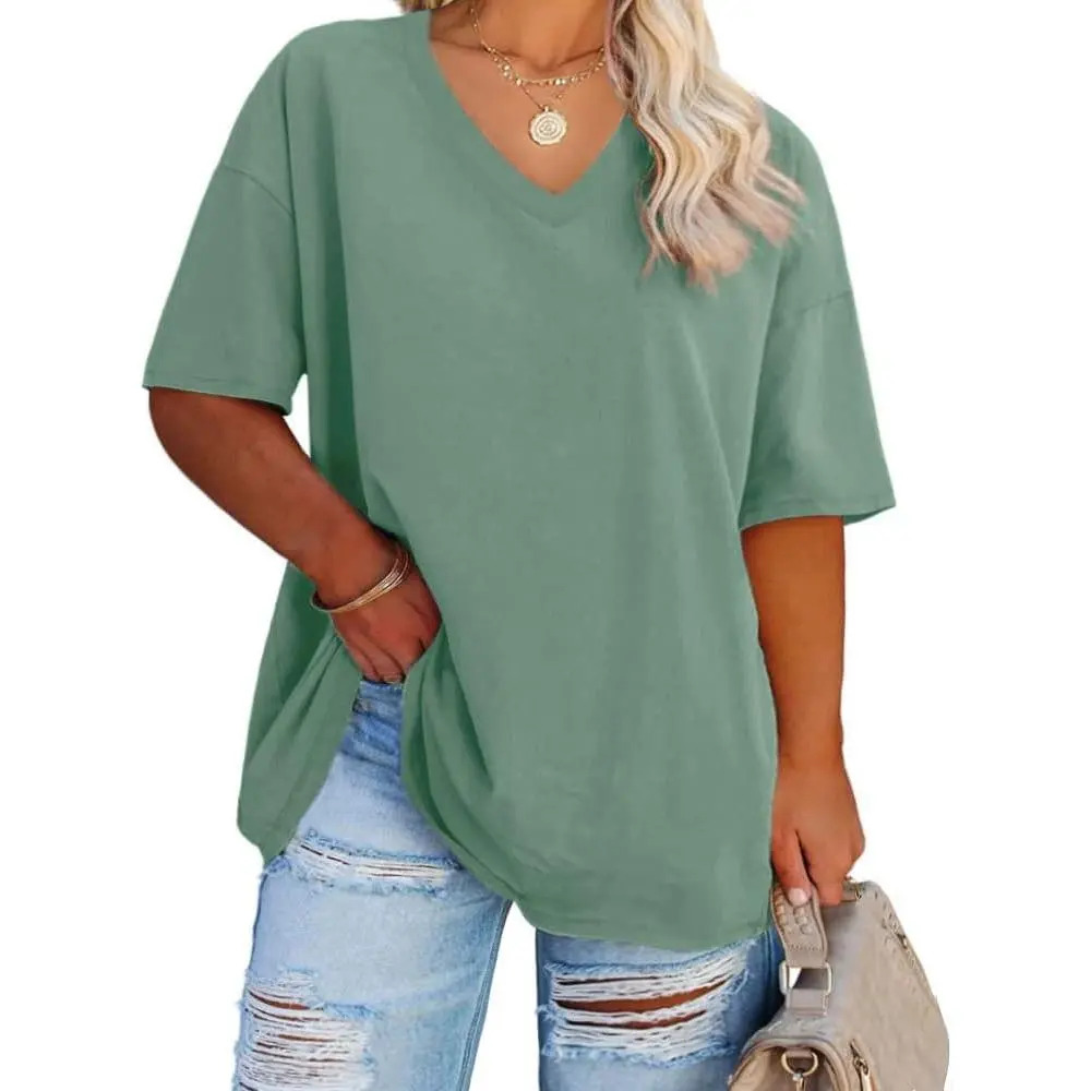 Women's Plus Size V Neck T Shirts Summer Half Sleeve Tees Casual Loose Fit Cotton Tunic Tops