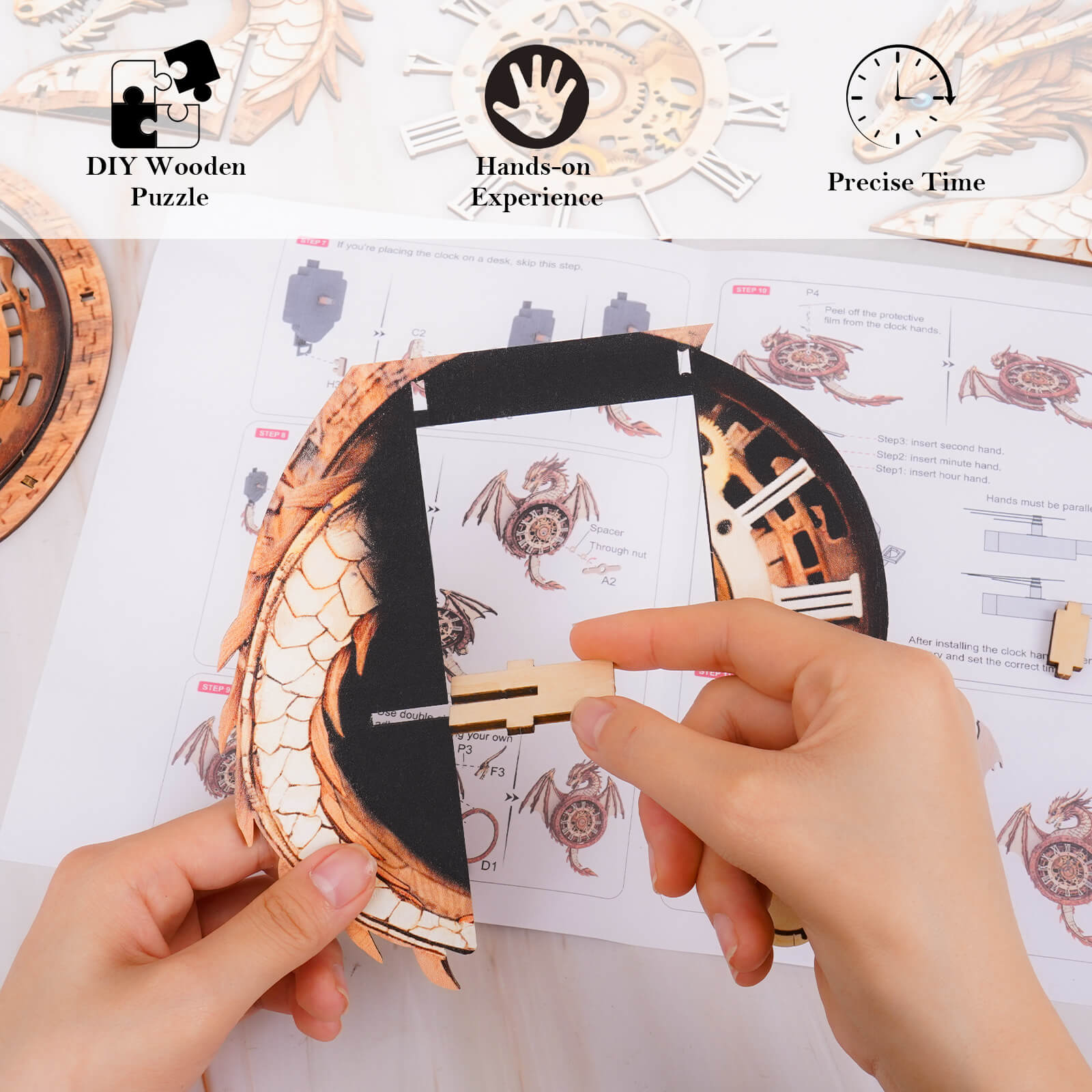 Ancient Dragon DIY Wooden Clock, 3D Puzzle Craft Kit