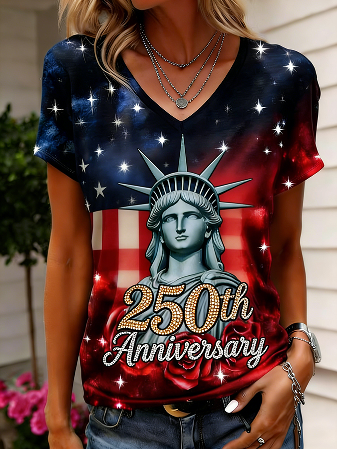 Women's 250th Anniversary Statue of Liberty Galaxy Star V-Neck T-Shirt