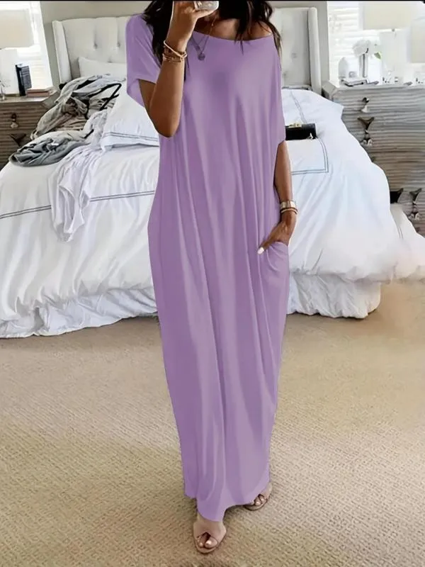 Women's Solid Color Batwing Sleeve Lounge Dress, Casual Comfy Short Sleeve Nightdress for Daily Wear
